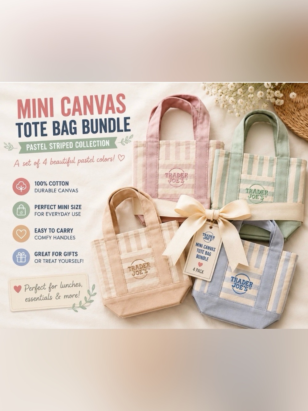 Trader Joe’s Pastel Stripe Reusable Tote Bag - $29 EACH